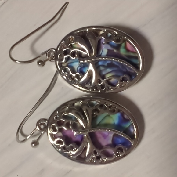 Dragonfly Dangle Hook Earrings Silvertone Abalone Shell - Picture 2 of 3